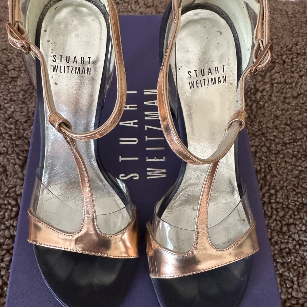 Stuart Weitzman “Sincity” navy satin, rose gold and clear sandals